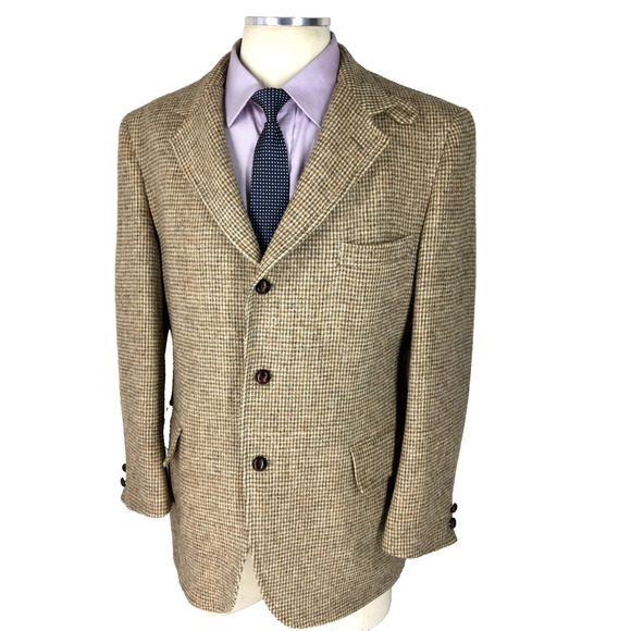 44S Harris Tweed Mens Vintage 3 Button Blazer Sport Coat Jacket Sand Beige Gray - Picture 1 of 13